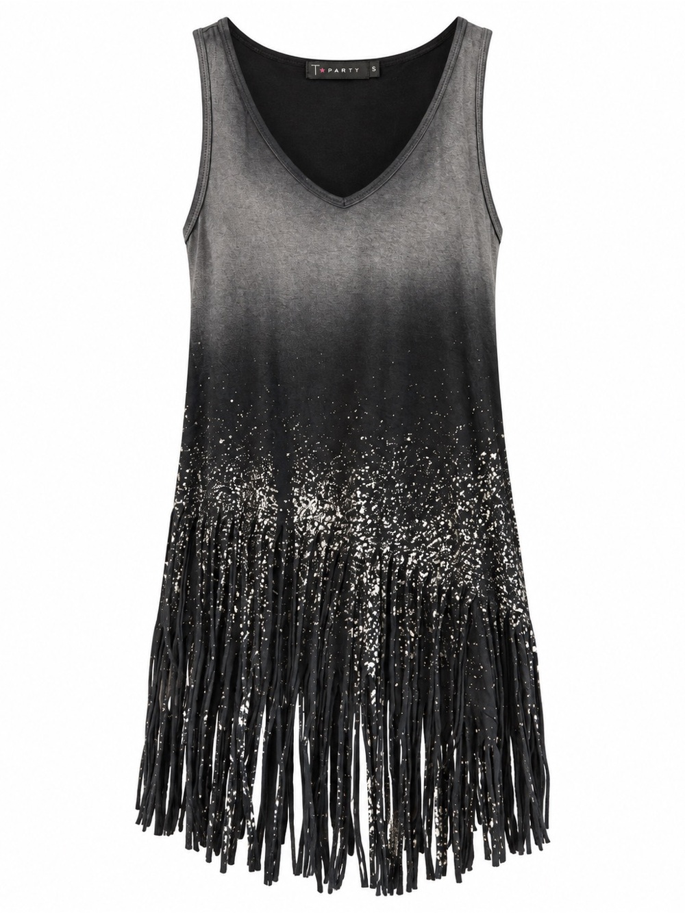 T Party Fashion black-to-gray ombre fringe tank dress with silver speckle
